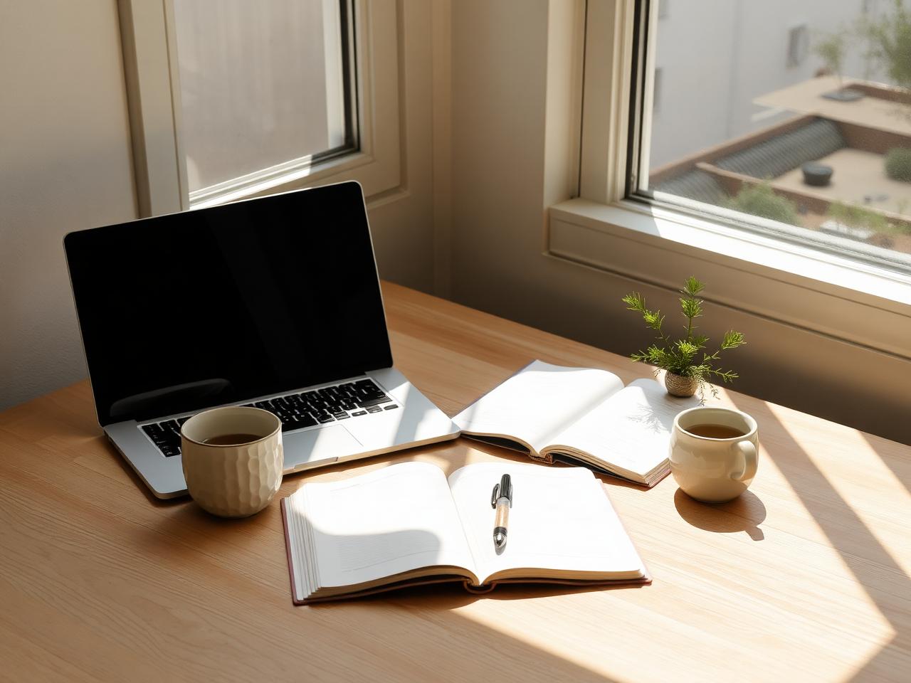 A sunlit desk with an open notebook, laptop, herbal tea and a small plant in the Inner Balance Living editorial office