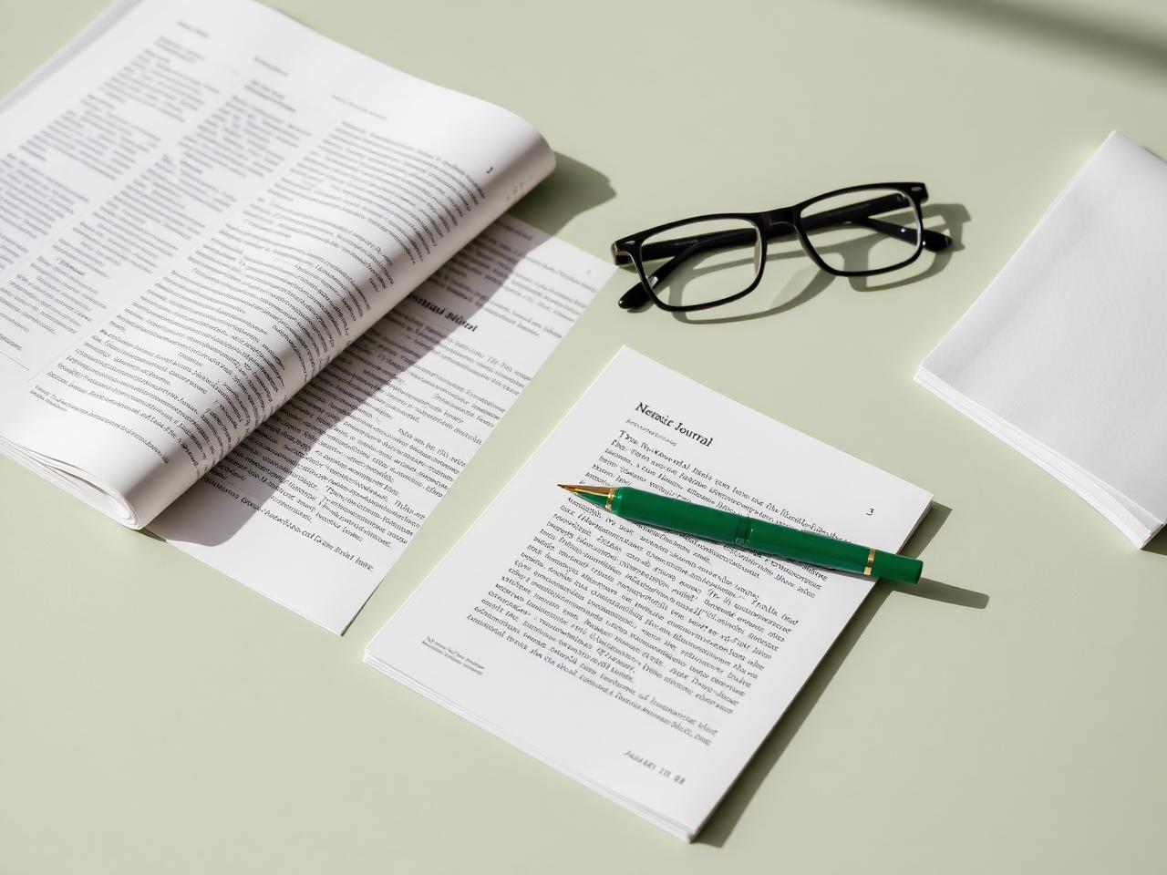 Printed research papers, a medical journal and reading glasses on an editor's desk
